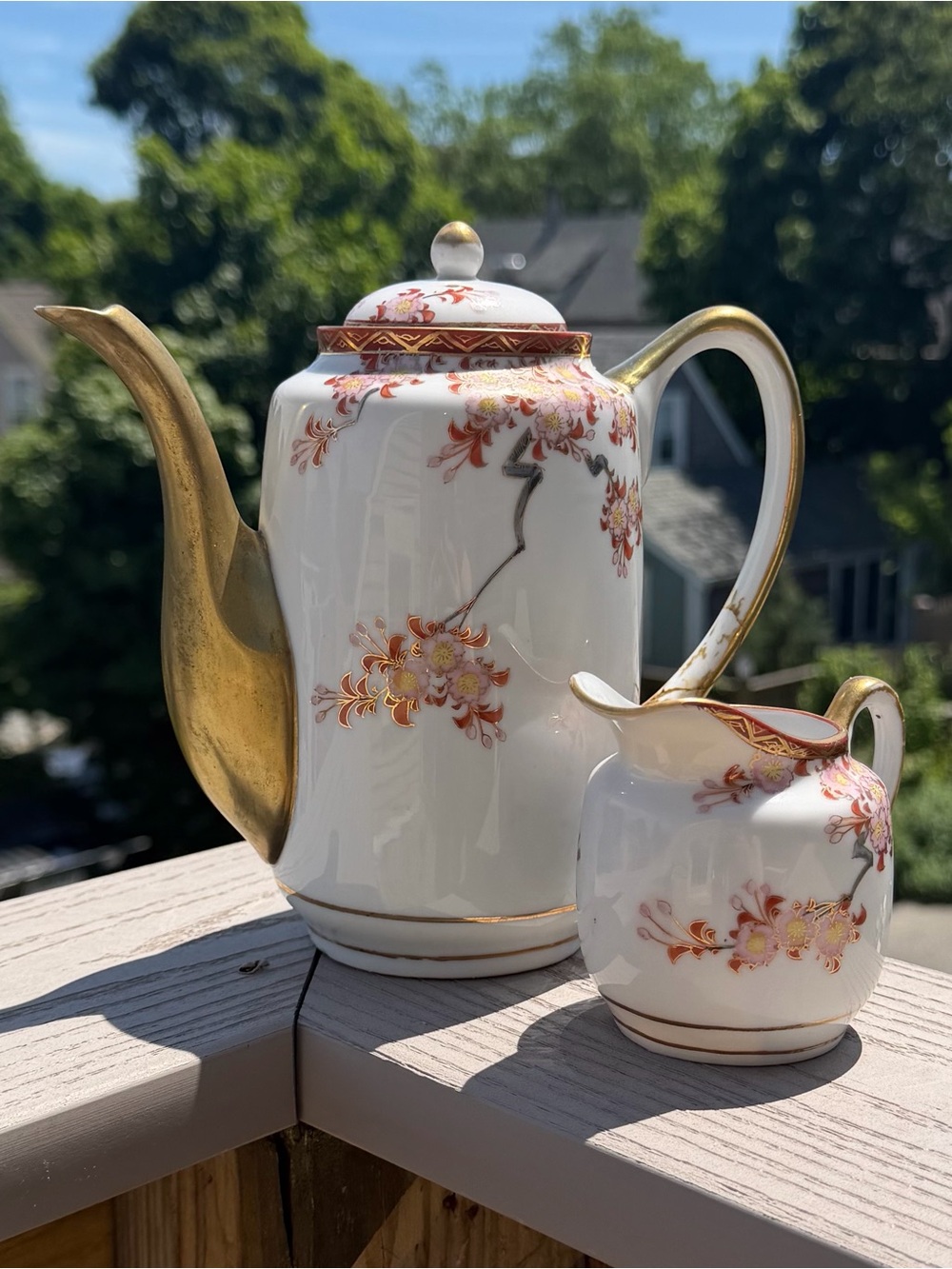 Antique Kutani Satsuma Japanese Teapot & Small Creamer, Hand-painted